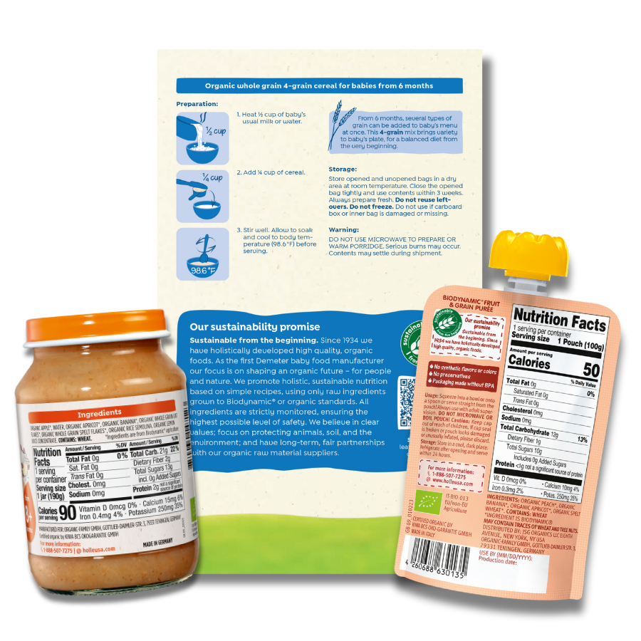 Fruit &amp; Grain Variety Bundle: Panda Peach, Mixed Fruit w/ Muesli Jars, 4-Grain Cereal