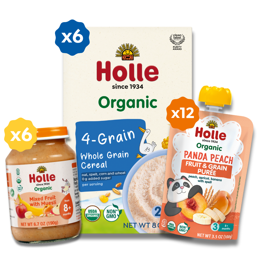 Fruit &amp; Grain Variety Bundle: Panda Peach, Mixed Fruit w/ Muesli Jars, 4-Grain Cereal
