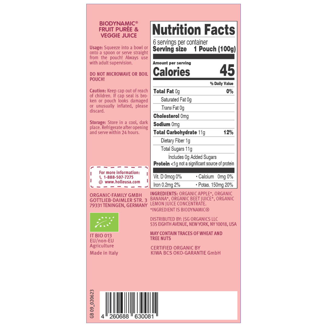 Holle Baby Food Pouches - Organic Fruit &amp; Veggie Puree - Zebra Beet