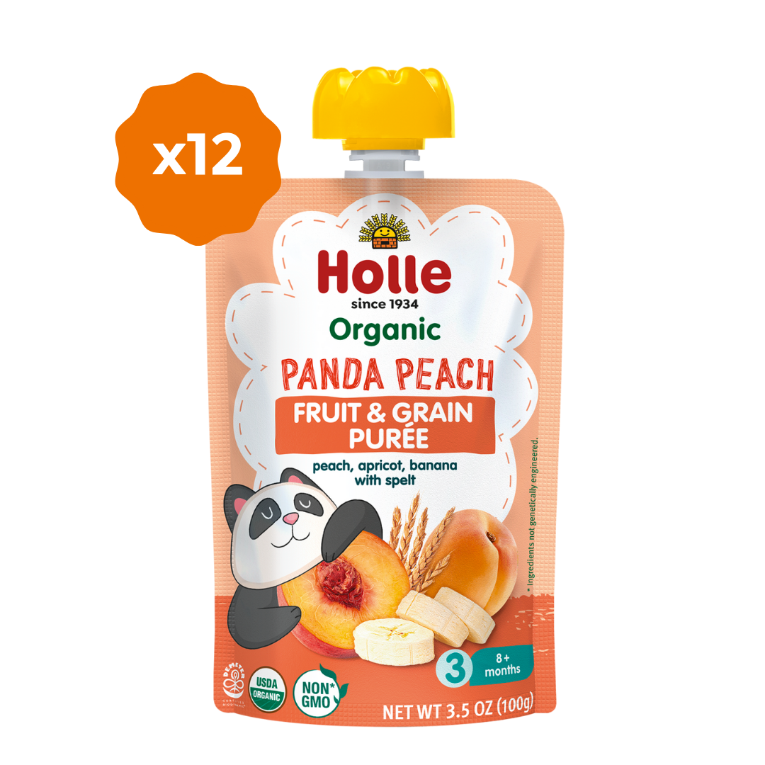 Holle Baby Food Pouches - Organic Fruit &amp; Grain Puree -  Panda Peach