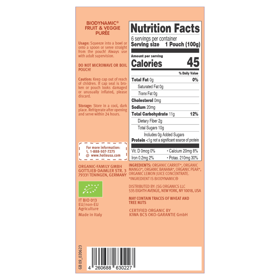 Holle Baby Food Pouches - Organic Fruit &amp; Veggie Puree - Carrot Cat