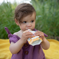 baby eating banana llama pouch