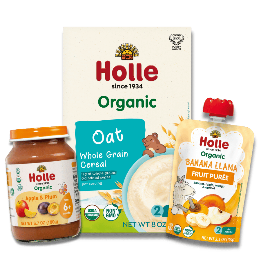 Starting Solids Variety Bundle: Apple &amp; Plum Jars, Oat Cereal, Banana Llama