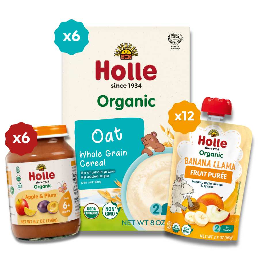 Starting Solids Variety Bundle: Apple &amp; Plum Jars, Oat Cereal, Banana Llama