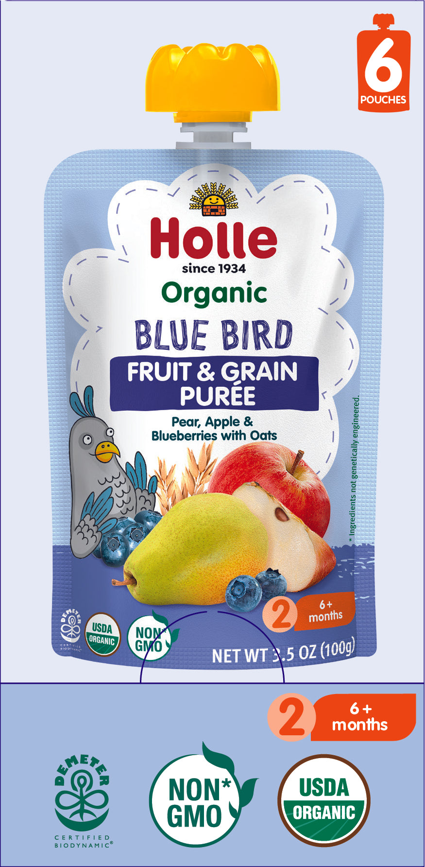Holle Baby Food Pouches - Organic Fruit &amp; Grain Puree - Blue Bird