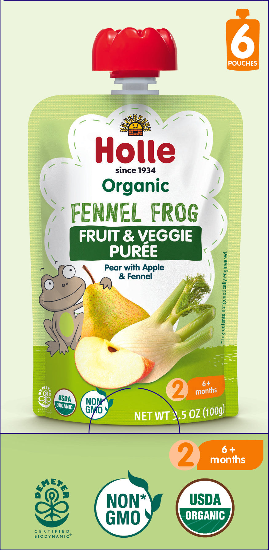 Holle Baby Food Pouches Organic Fruit & Veggie Puree Fennel Frog