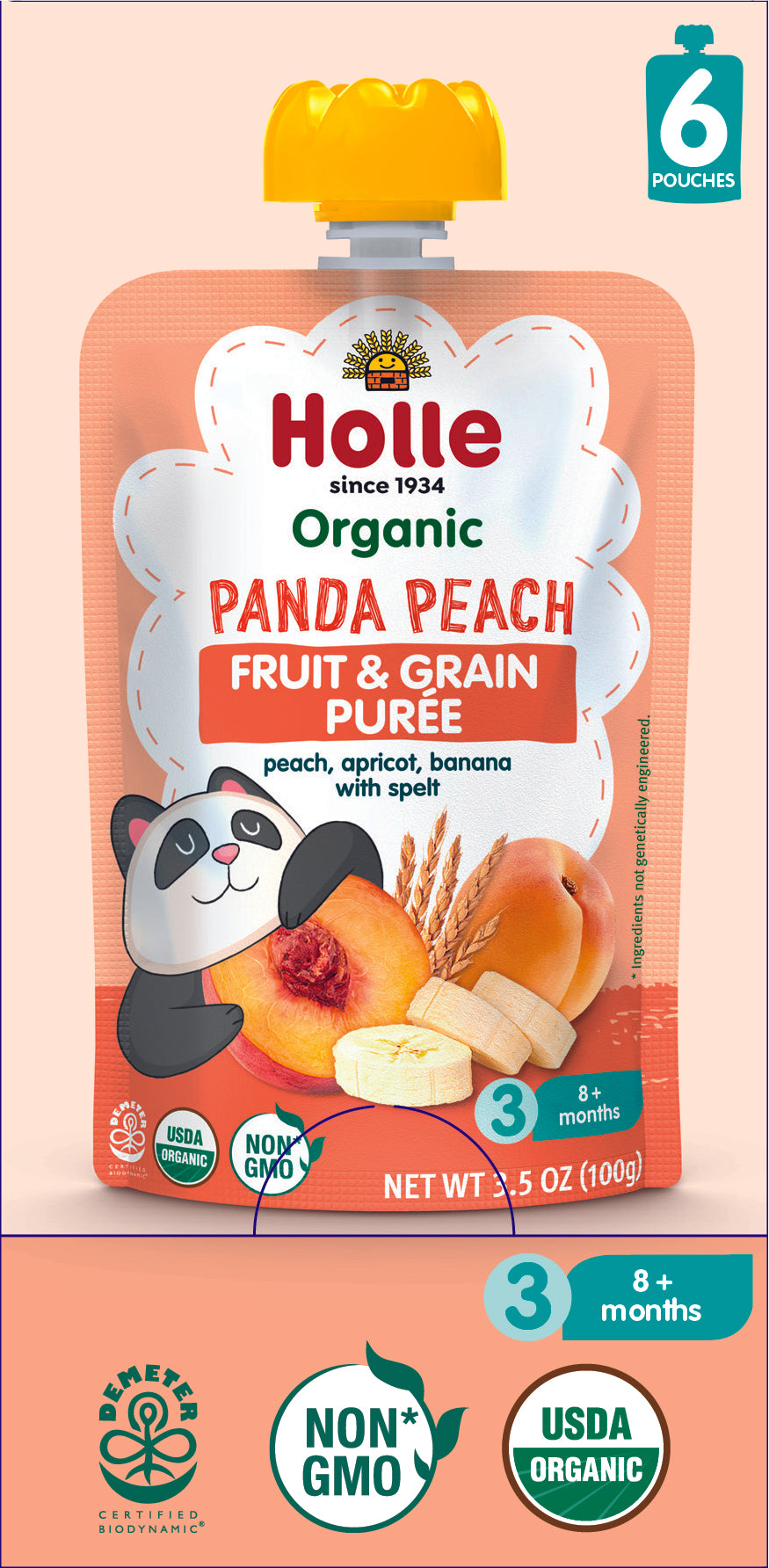 Holle Baby Food Pouches - Organic Fruit & Grain Puree - Panda Peach