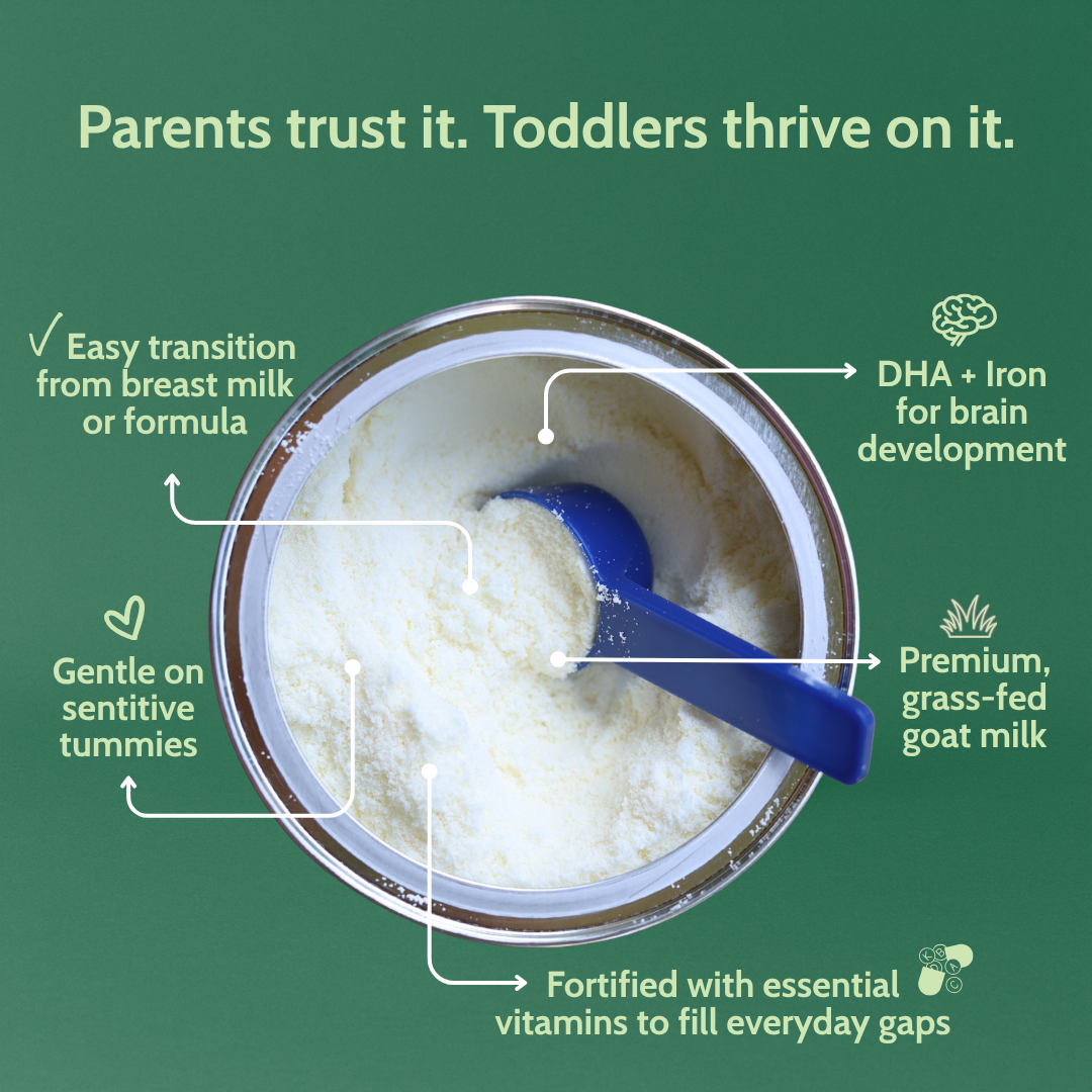 Parents trust it. Toddlers thrive on it. Easy transition from breast milk or formula. Gentle on sensitive tummies. Premium, grass-fed goat milk.