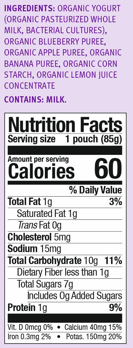 Yogurt with Blueberries, Apple and Banana: nutrition facts label