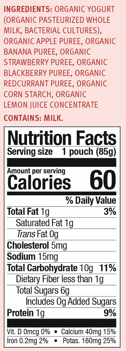 Yogurt with Apple, Banana and Berries: nutrition facts label