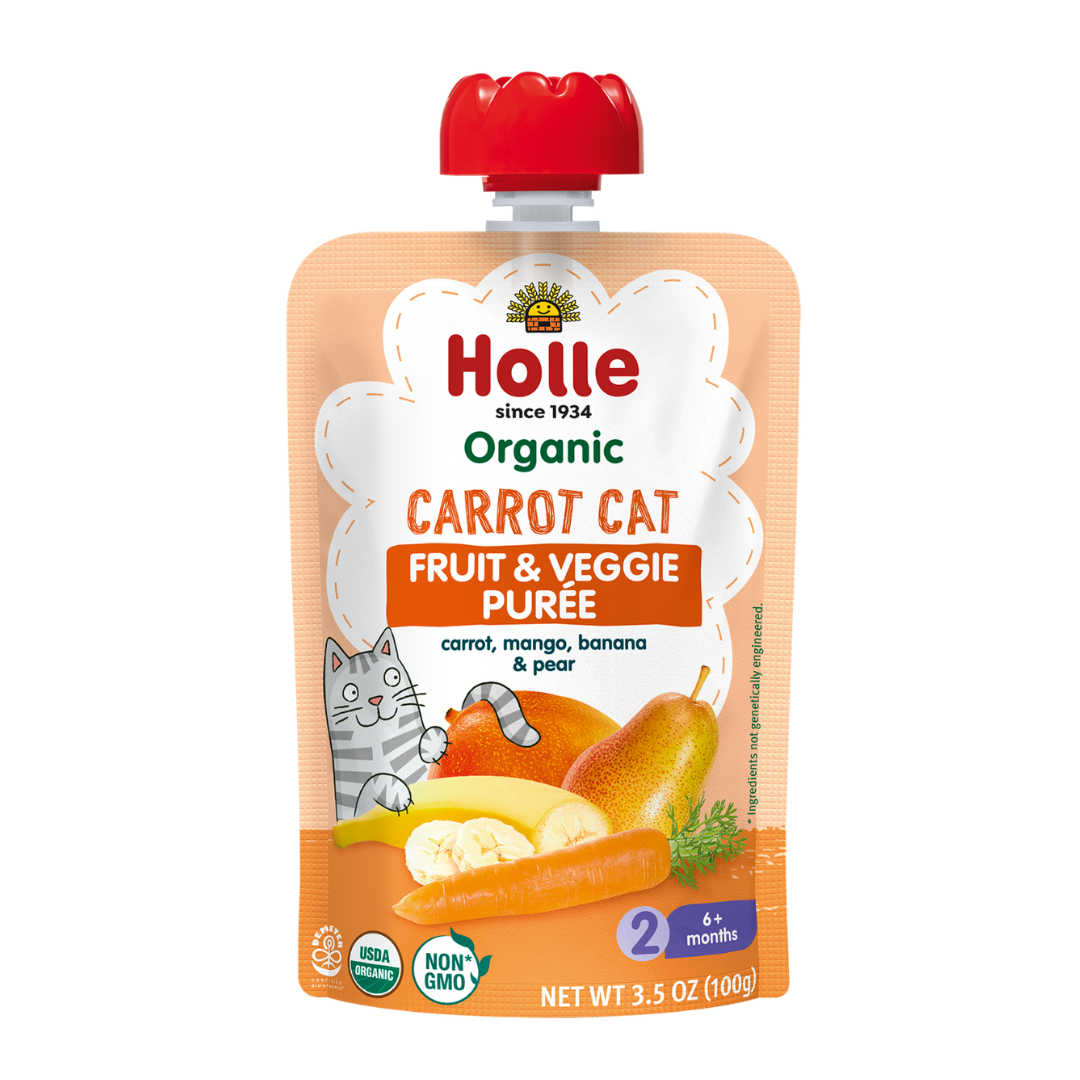 carrot cat fruit and veggie purée pouch