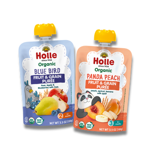 fruit and grain pouches bundle: blue bird and panda peach pouches