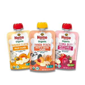 Holle zoo crew bundle: banana llama, panda peach, zebra beet fruit and veggie pouches